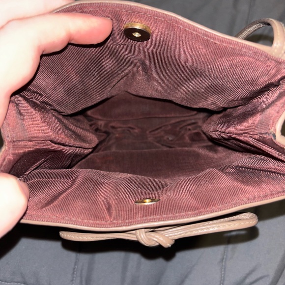 VINTAGE 80s Small Leather Shoulder Bag Handbag Snap Close Bow Accent TAUPE - Picture 2 of 5